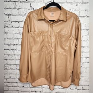 CALIA Women's Patchpocket Long Line Shirt Faux Leather Buttondown Womens Medium